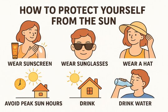 How to protect yourself from the sun: wear sunscreen, sunglasses, hat, avoid peak sun, drink water. concept of sun safety, skin protection, healthy lifestyle, summer care. White background