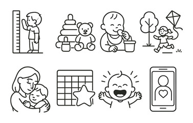 Family & parenting in linear style: growth chart, baby toys, snack time icon, outdoor play, cuddles icon, reward system, baby laugh, parent app.
