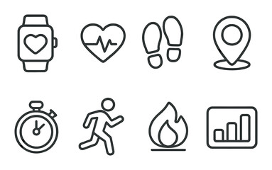 Fitness tracking in linear style: smartwatch, heart rate, steps, burned calories, GPS, stopwatch, running icon, fitness bar.