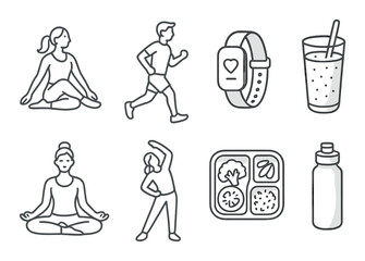 Health and wellness, linear style: woman doing yoga, man jogging, smoothie glass, person meditating, stretching figure, fitness tracker, healthy lunchbox, water bottle.