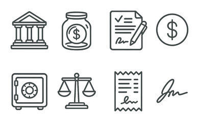 Banking basics in linear style: bank building, savings jar, loan document, currency symbol, safe, balance scale, receipt, signature.