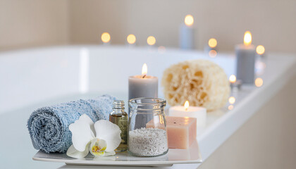 Home Spa Ritual Setup with Candles and Bath Products