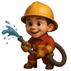 Smiling Child Dressed as Firefighter Spraying Water with Hose