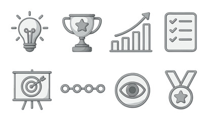 Educational goals in linear style: lightbulb icon, star trophy, growth chart, checklist, goal board, timeline, vision icon, reward medal.