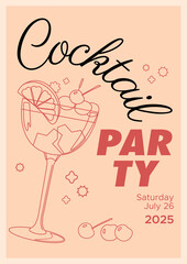 Cocktail party card with cocktails and berries on beige background. Vector template for greeting.
