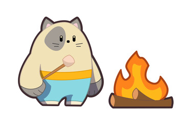 Illustration of cute cats in kawaii style. Chibi cat character making marshmallows on a campfire