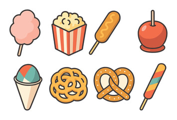 Carnival treats in modern flat vector : cotton candy, popcorn, corn dog, caramel apple, snow cone, funnel cake, pretzel, candy stick.