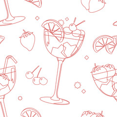 Seamless pattern with cocktails and berries isolated on white background. Vector background in line art style.