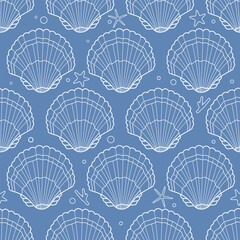 White contour seashells on a blue background. Seamless vector pattern.
