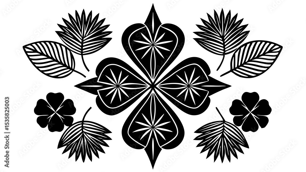 Aufkleber black and white floral vector design featuring leaf patterns and clover motifs arranged in symmetric