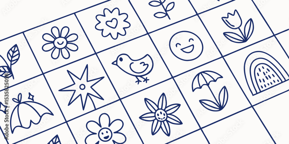 Poster charming hand drawn doodle icons in a grid layout suitable for various design and creative projects 
