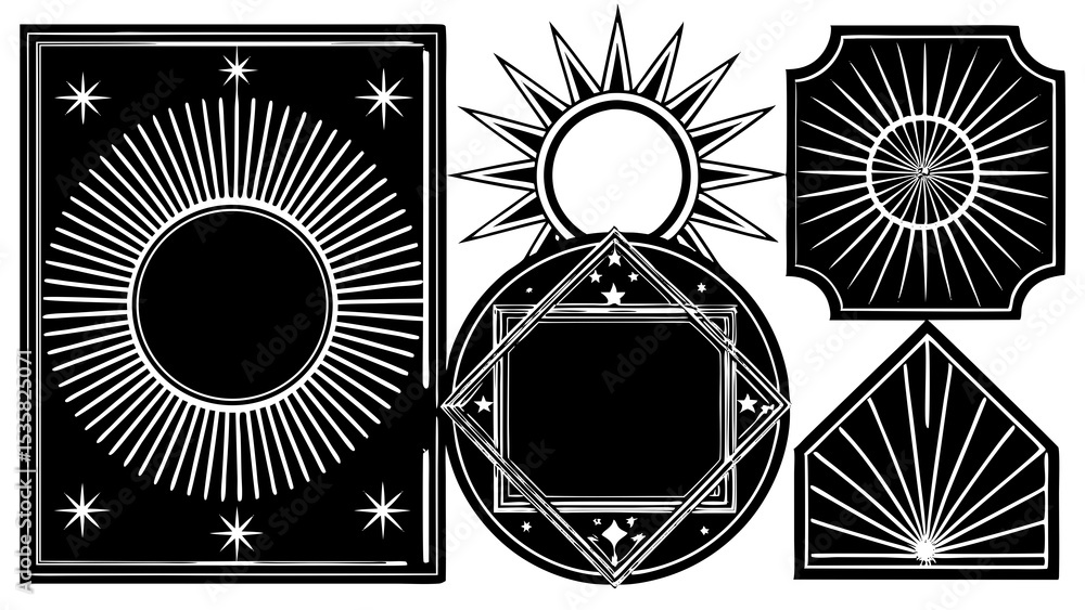 Aufkleber collection of minimalist celestial frames and symbols in bold black and white design elements for gr