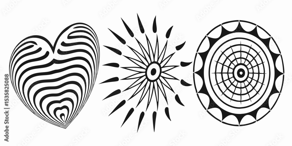 Poster collection of modern minimalist vector designs including a heart shape and circular decorative eleme