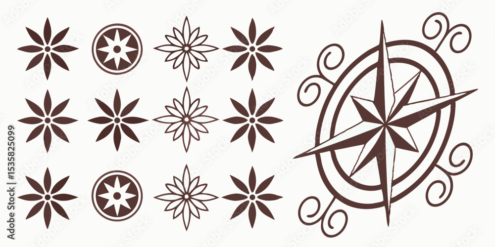Poster decorative brown floral and compass vector elements for graphic design projects with transparency