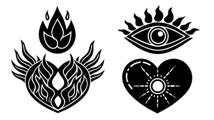 Obraz premium Bold black and white vector illustrations depicting heart eye flame and sun symbols in decorative design