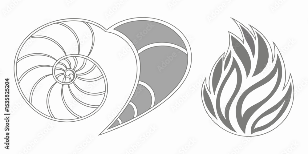 Poster elegant gray outline vector design elements featuring nautilus shell heart and leaf form suitable fo