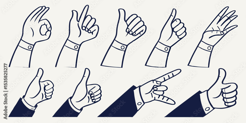 Poster set of hand gestures with outline style illustrating various positive symbols and communication elem