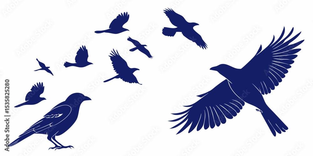 Poster silhouettes of birds in flight and perched with elegant design suitable for creative projects and co