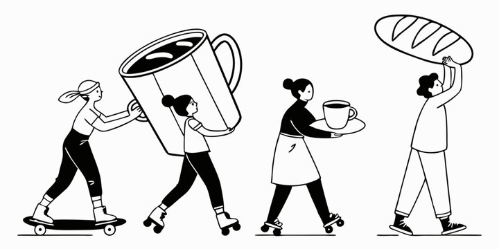 Illustration of people carrying coffee cup bread and skating in line art style suitable for various design projects