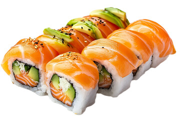 Sushi roll filled with salmon and avocado isolated on white background or png background or transparent background.
