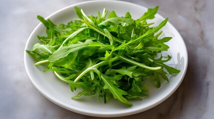 Fototapeta premium Fresh Arugula Leaves on a White Plate