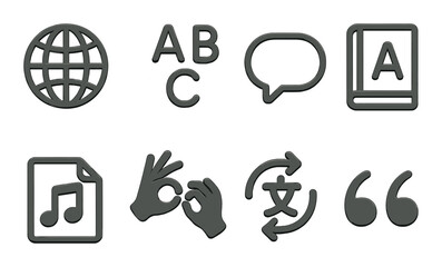 Languages and communication linear icons: globe, alphabet, speech bubble, dictionary, audio file, sign language, translate arrows, quote marks.