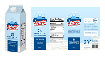 Vector milk blue and white carton box design. Reduced fat milk carton packaging design concept