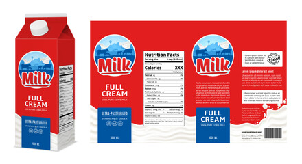 Vector milk red and blue carton box design. Full cream milk carton packaging design concept