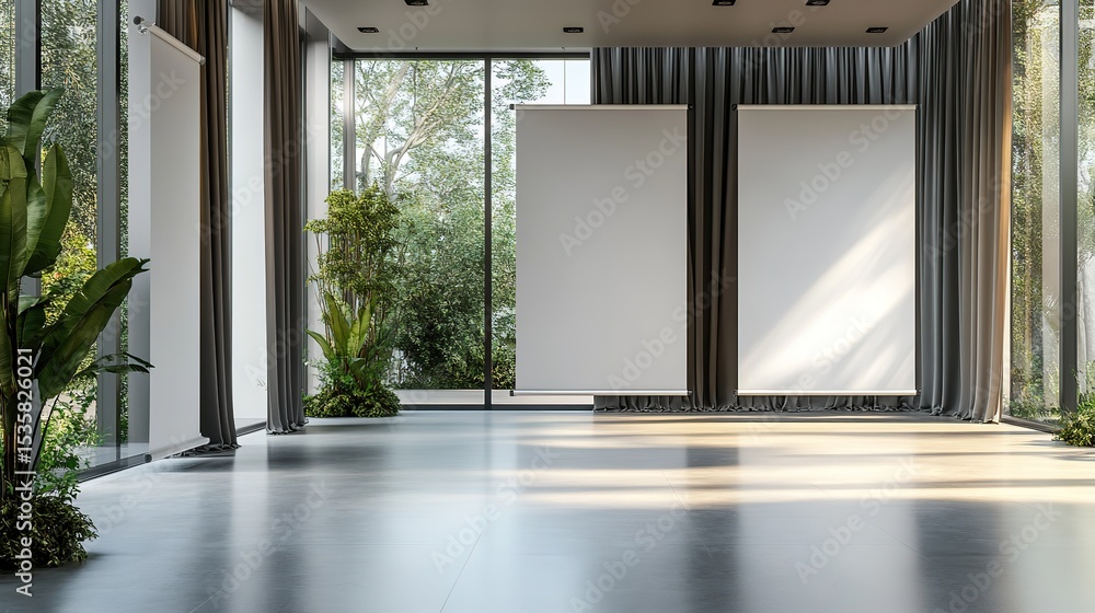 Poster empty roll-up banners in a modern exhibition space with curtains and large windows. 3d rendering, 8k