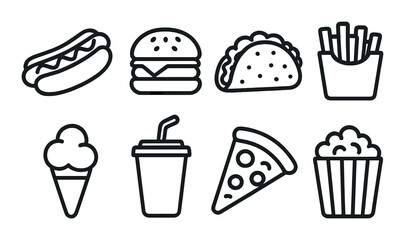 Street food linear icons: hotdog, hamburger, taco, fries, ice cream cone, soda cup, pizza slice, popcorn.