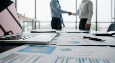 Business professionals shaking hands in a bright office, with financial documents and a laptop in the foreground. Symbolizes successful partnership and agreement.