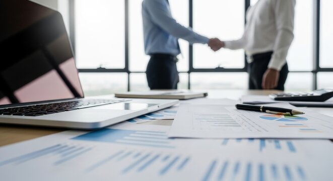 Business professionals shaking hands in a bright office, with financial documents and a laptop in the foreground. Symbolizes successful partnership and agreement.