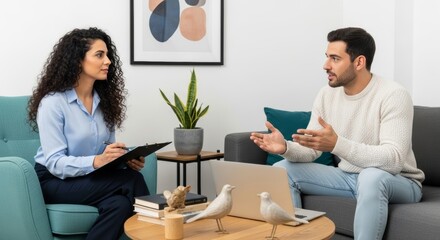 A woman therapist actively listening to her male client during a counseling session. Highlights mental health support, communication, and professional help.
