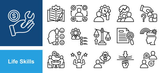 Life Skills icon set with Communication, Problem solving, Emotional intelligence, Soft skills, Resilience, Creative thinking, Confidence.