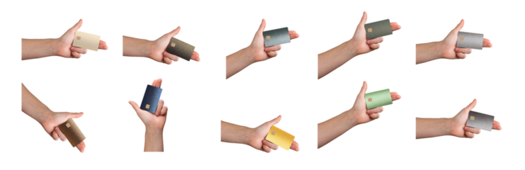 Bank card in hand, holding a collection of different credit cards for online purchase and financial