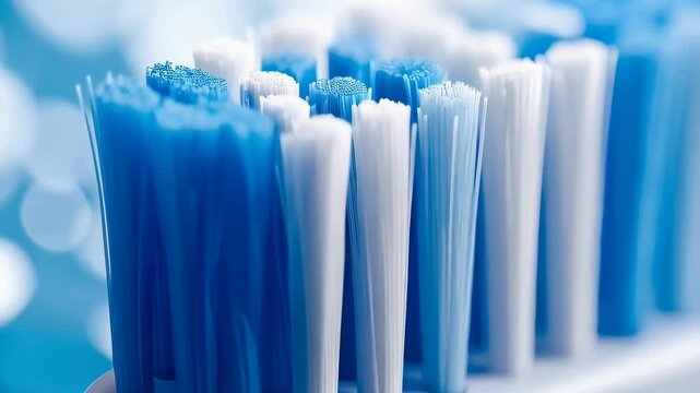 Close-up view of a white and blue toothbrush head with bristle detail against a soft, out-of-focus blue and white background.