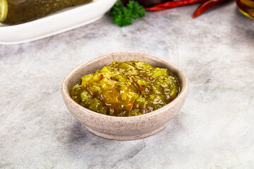 Souce gherkin relish with marinated cucumbers