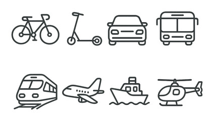 Transportation types, linear style: bicycle, scooter, car, bus, train, airplane, boat, helicopter.