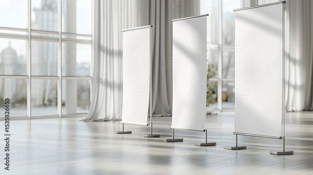 Poster empty roll-up banners in a modern exhibition space with curtains and large windows. 3d rendering, 8k
