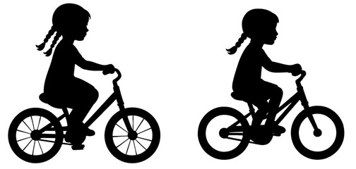 Obraz premium Girl with braids riding bicycle black silhouette vector