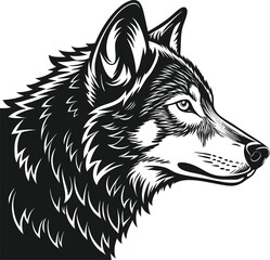 Fototapeta premium detailed vector illustration of wolf head in profile, wild animal black and white tattoo style drawing for logos, designs, or mascots
