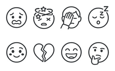 linear style icons of emotions: nervous face, dizzy emoji, facepalm, sleeping emoji, blushing face, broken heart, laughing emoji, thinking face.