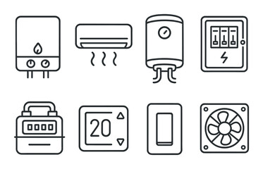 Household utilities in linear style: heating unit, air conditioner, water heater, fuse box, gas meter, thermostat, light switch, ventilation fan.