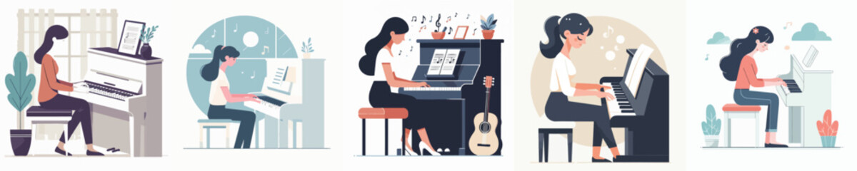 vector character woman playing piano