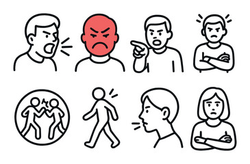 Conflict and anger in linear style: shouting face, red face, pointing angrily, crossed arms, frustration lines, fight icon, walk away, silent treatment.