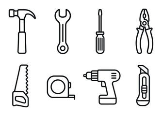 Obraz premium Construction tools in linear style: hammer, wrench, screwdriver, pliers, saw, tape measure, drill, utility knife.