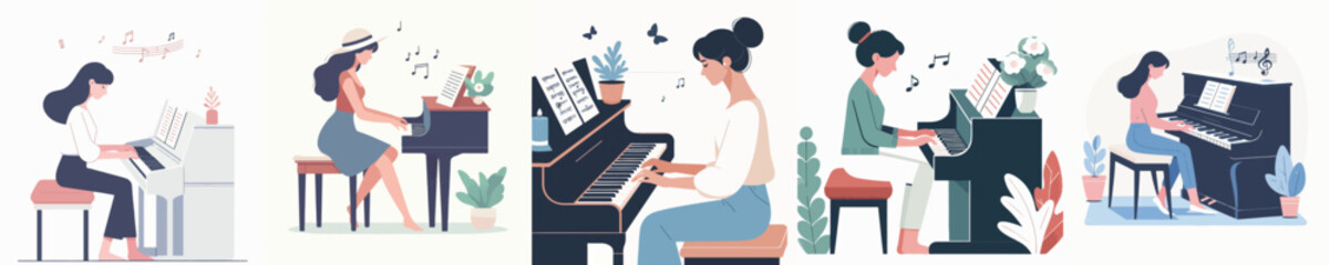 vector character woman playing piano