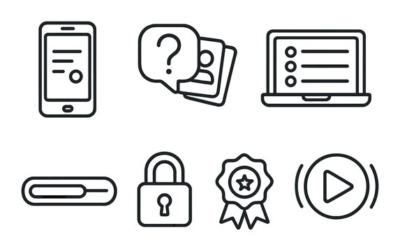 Learning apps in linear style: mobile screen, quiz icon, flashcard set, course module, progress bar, unlock icon, achievement badge, live icon.