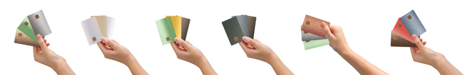 Bank card in hand, holding several cards fanned out, offering different options for payment and