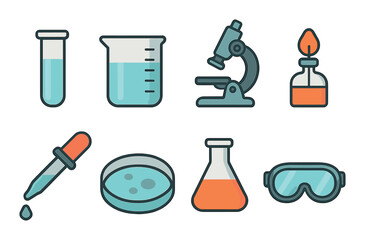 Science lab tools in modern flat vector : test tube, beaker, microscope, Bunsen burner, pipette, petri dish, flask, safety goggles.
